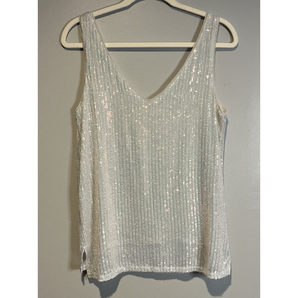 Vine & Love Champagne Sequined Tank Top Sz Medium Going Out Top Glam Shine